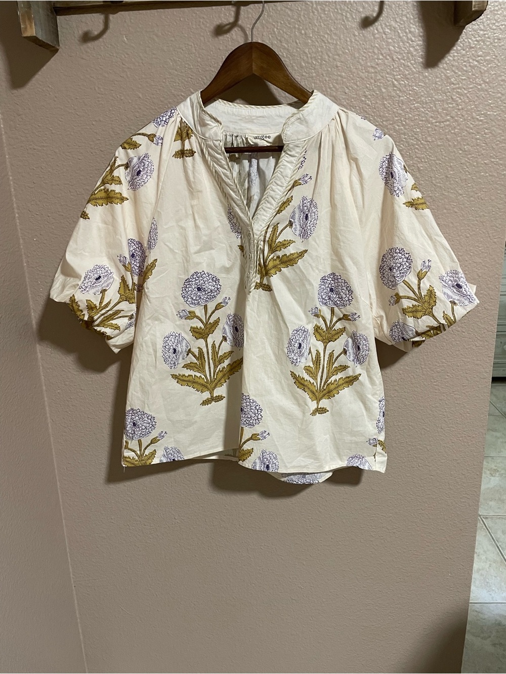 Umgee Cream Floral Short Sleeve V-Neck Blouse with Lavender and Mustard Print